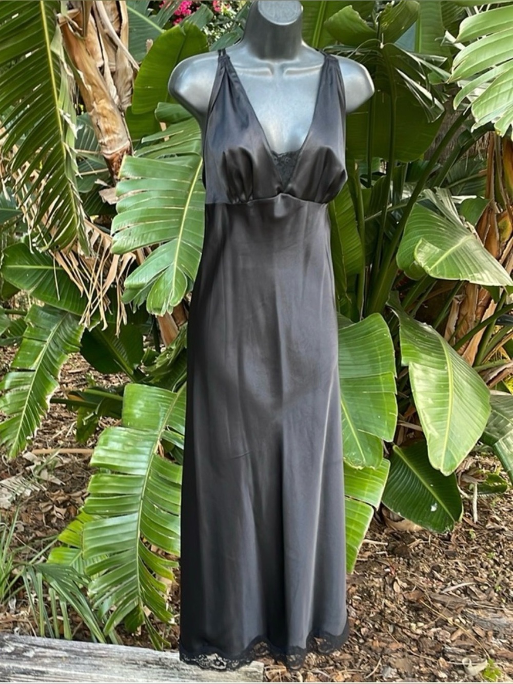 Black Satin Slip Dress with Lace Hem